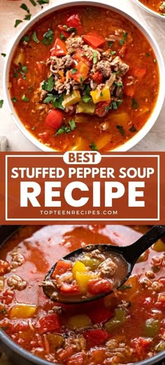 the best stuffed pepper soup recipe is shown in this collage with text overlay