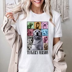 a woman wearing a white t - shirt with pictures of dogs on it