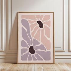 a framed art print with an abstract flower design in pink, purple and grey colors