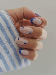 Santorini Nails Nails For Santorini, Greece French Nails, Gel Nails For Greece, Santorini Inspired Nails, Evil Eye Pedicure, Italian Nail Designs, Mykonos Nails, Greek Holiday Nails, Nails For Greece Vacation