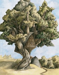 a drawing of a tree house on top of a hill