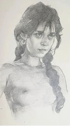 a pencil drawing of a woman's face and shoulders with her hair pulled back