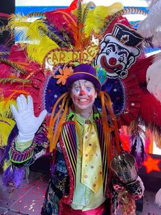 a clown dressed in colorful clothing and feathers