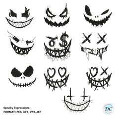 various halloween faces drawn in black ink