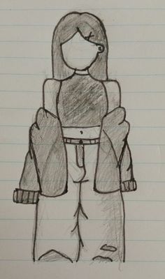 a drawing of a girl with her hands in her pockets and jacket over her shoulders