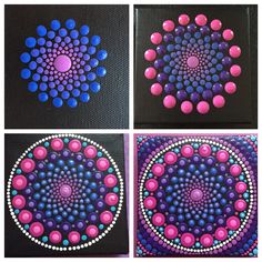 four pictures of different shapes and colors on black paper with pink, blue, and purple dots in the center