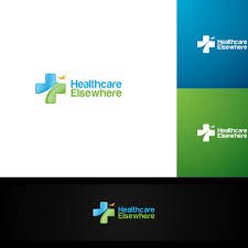 the logo for health care elsewhere is shown in two colors, blue and green with an arrow