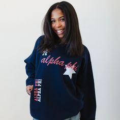 Navy crewneck, boyfriend fit. Our model is wearing size large (unisex). Size up for an oversized fit. 50% cotton, 50% polyester. Sorority Sweatshirts, Navy Crewneck, Sorority Apparel, Boyfriend Fit, Stars And Moon, Sorority, Ariel, Blouse And Skirt, Shirt Blouses