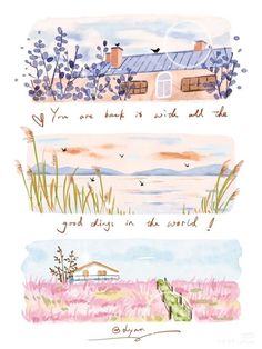 three watercolor paintings with words written in different languages, one has a house and the other is a boat