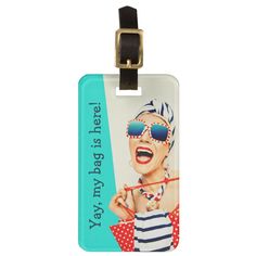 Spot your bags easily on the luggage carousel with this funny luggage tag with retro styling. An outrageously funny beach lady in striped sunglasses, hair turban, and red lipstick highlights this aqua and light ecru beige color block design. Sample text is included on the front of the tag that you can keep as is or edit as you wish. The back of the luggage tag has a text template for including your personal contact information. You can add or remove text as you desire. Funny Luggage Tags, Road Trip Camping, Funny Beach, Text Template, Beach Humor, Perfect Road Trip, Best Travel Accessories, Retro Beach, Hair Turban