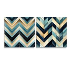 two blue and gold chevroned wall art pieces