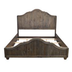 an old wooden bed frame with no headboard