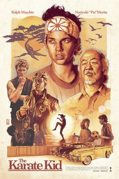 the karate kid movie poster with two men and an old car in front of them