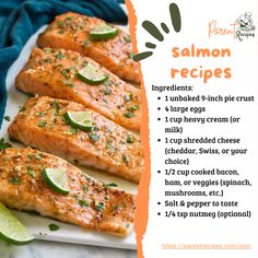 salmon on a white plate with limes and seasoning next to the recipe card