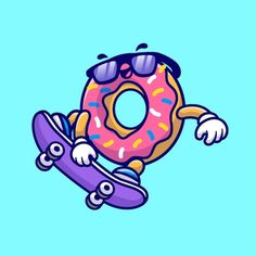 a cartoon donut wearing sunglasses and holding a skateboard in the air with both hands