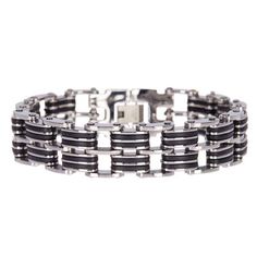 This Stainless Steel Jewelry Is Hot! Perfect gift for a man. This bracelet is made with stainless steel. Give it to the loved one, or treat yourself for a trendy bracelet style. The bracelet features a modern black and silver-tone link chain design. A wrist watch type of clasp on this bracelet allows to lock it securely around your wrist. Look and feel great with this designer bracelet. Stainless Steel with Black Rubber 2 tone Geometric Mens Link Bracelet. This Men's Stainless Steel and black ru Mens Link Bracelet, Trendy Bracelet, Designer Bracelet, Trendy Bracelets, Chain Design, Polished Stainless Steel, Steel Jewelry, Stainless Steel Jewelry, Black Rubber