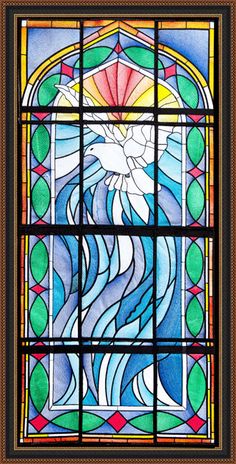 a stained glass window with a dove on it