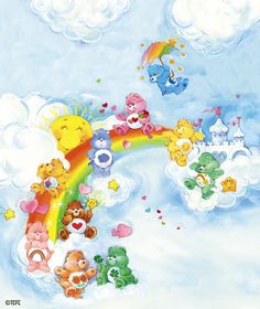 a group of teddy bears sitting on top of a rainbow in the sky with clouds