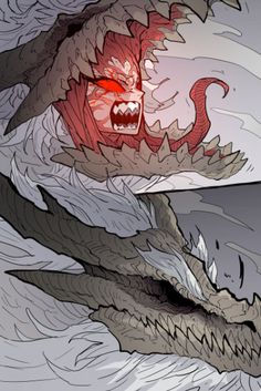 two dragon like creatures with red eyes and large teeth, one is biting the other's head