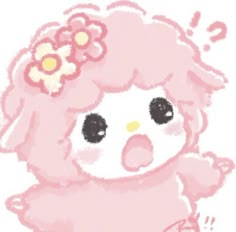 a drawing of a pink teddy bear with flowers on its head and eyes, sitting down