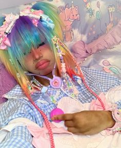 Decora Hair Styles, Decora Hairstyle, Rainbow Pigtails, Rainbow Hair Aesthetic, Harajuku Decora Kei, Decora Hair, Harajuku Makeup, Harajuku Hair