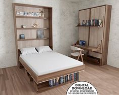 a bedroom with a bed, bookcases and shelves on the wall next to it