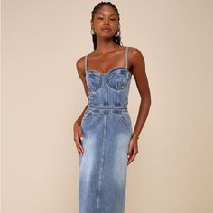 Channel All The Cutest Y2k Vibes With The Lulus Trendsetting Gal Medium Wash Bustier Bodycon Midi Dress! Sturdy Cotton-Blend Denim Shapes A Bustier Bodice With A Seamed Cups, A Sweetheart Neckline, And Adjustable Spaghetti Straps. Banded Waist Tops A Bodycon Skirt That Has Three, Jeans-Style Front Pockets. Light Fading Accents The Skirt As It Falls To A Midi Hem With A Back Kick Pleat. Hidden Zipper At Back. Shell: 90% Cotton, 8% Viscose, 2% Polyester. Lining: 100% Cotton. Hand Wash Cold. Do Not Midi Denim, Y2k Vibes, Bodycon Skirt, Bodycon Midi Dress, Kick Pleat, Bustier Dress, Lulu Dresses, Body Con Skirt, Bodycon Midi