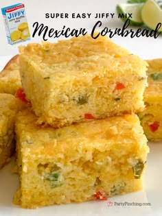 mexican cornbreads stacked on top of each other with the words super easy mix