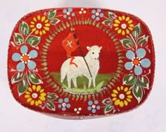 Hand Painted Polish Catholic Easter Folk Art 4.25” Bentwood Box & Lid of Paschal Lamb with Cross Flag and Flowers Pre-owned, very good condition, hand painted bentwood box with light sign of use or wear - there is some light edge wear, but overall very nice. No odors or mildew - a clean ready to display or use box. The lid fits properly. This is a hand painted Polish Folk Art piece on bent wood, depicting Paschal Catholic Passover tradition lamb with red flag and cross with floral surrounding decoration. This little box has a lot of detail and color - both beautiful and functional. Please read the description & item specifics; inspect photos and ask questions prior to purchase - Thanks for Looking! - Measurements - 2.5” H x 4.25” W x 3.25” D. - Weight - 2 oz.  *Please inspect photos, ask q Traditional Hungarian Folk Art, Folk Maximalism, Christian Folk Art, Polish Art Traditional, How To Paint Folk Art, Folk Art Valentines, Meadowlark Painting, English Folk Art, Folk Art Furniture Painting