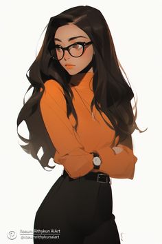 a woman with glasses and an orange shirt