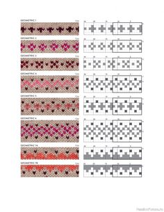 the knitting pattern is shown with different colors and patterns, including red, pink, gray and