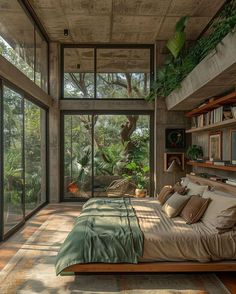 a bedroom with lots of windows and plants on the walls, along with a large bed