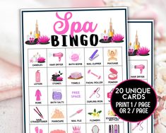 a pink and white poster with the words spa bingo on it, next to some flowers