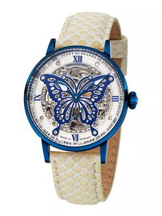 Big butterfly design on the dial with 82 Swarovski crystals on the bezel. Butterfly Watch, Diamond Watches Women, Art Deco Watch, Leaf Crown, Madame Butterfly, Women's Watches, Face Design, 50th Gifts, Diamond Watch