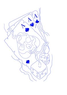 a blue drawing of a skull and dice on a white background