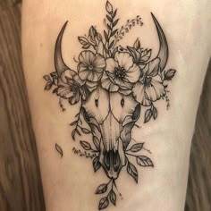 Bull Skull Stencil Tattoo Kit Country Neck Tattoo, Longhorn Skull Tattoo With Flowers, Bull Skull Flower Tattoo, Western Horse Tattoos For Women, Texas Longhorn Tattoo Women, Animal Skull Tattoos For Women, Feminine Nautical Tattoo, Cow Skull With Flowers Tattoo, Long Horn Tattoo Ideas