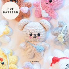 several crocheted teddy bears are arranged on a white sheet with the text, free pattern