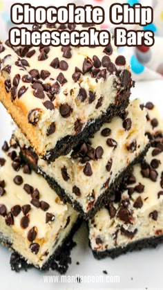 chocolate chip cheesecake bars stacked on top of each other with the title above it