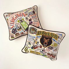 two pillow cases with various college logos on them