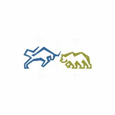 two different colored animals are facing each other in the same direction on a white background