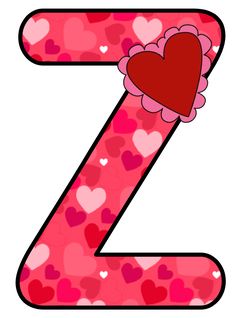 the letter z with hearts on it is pink and has a red heart in its center