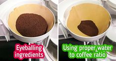 two pictures showing how to make coffee in a paper towel dispenser and using proper ingredients