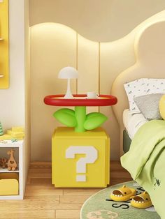 a child's bedroom decorated in yellow and green, with a mushroom shaped table