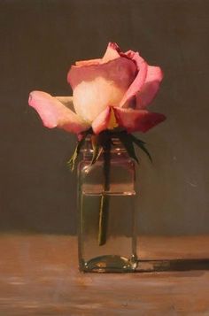 a painting of a pink rose in a glass vase