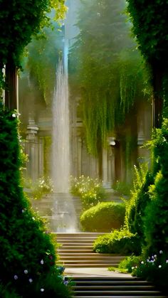 an open doorway leading to a fountain surrounded by greenery