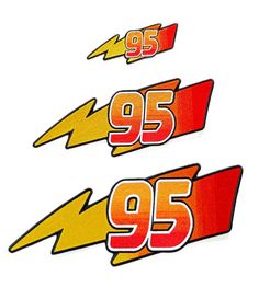 two stickers with the number 95 and lightning bolt on them, both in red and yellow