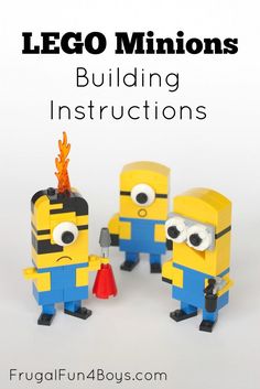 three lego minion figures made to look like they are holding fire extinguishers