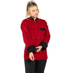 Dress your chefs in the best with this Uncommon Threads Newport unisex red customizable long sleeve chef coat with black trim 0404. Made from a 7.5 oz. 65/35 poly-cotton twill blend, this jacket is lightweight, comfortable, looks professional, and is durable enough to stand up to any food service environment. Each jacket has full-length sleeves with finished cuffs and black trim for a sleek, professional look. This jacket features a mitered breast pocket and utility shoulder pocket on the sleeve Red Backdrop, Chef Coat, Professional Presentation, Professional Look, Bold Black, Food Service, Black Trim, Newport, Cotton Twill