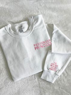 Let everyone know you're a passenger princess with this super cute trending shirt! Handmade in USA with embroidered stitching. Material: 50/50 Cotton, Poly Blend Slight Stretch Elastic/Knit Trim Fit:  Both sweatshirts and T-Shirts are Unisex Care: Machine wash cold. Tumble Dry Low Trendy Long Sleeve T-shirt With Embroidered Logo, Trendy Long Sleeve Top With Embroidered Logo, Trendy Embroidered Long Sleeve T-shirt, Trendy Long Sleeve Embroidered T-shirt, Princess Hoodie, Womens Sweatshirts, Embroidered Sweatshirt, Embroidered Sweatshirts