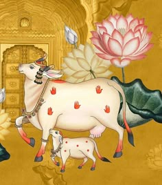 a painting of a cow and her calf in front of a lotus flower with birds flying around